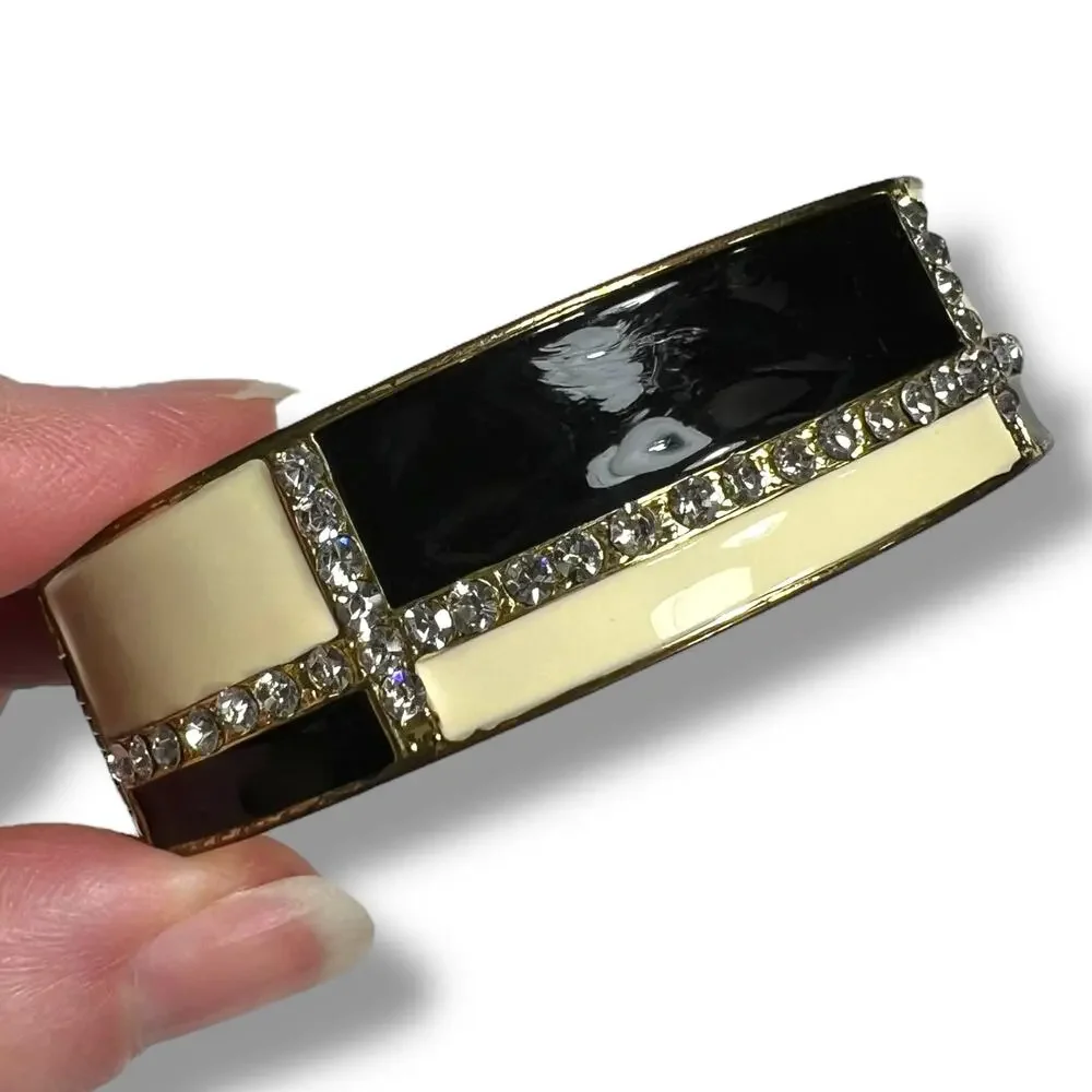 Womens Bangle Cuff Bracelet Fashion Jewelry Jeweled Black Cream Gold